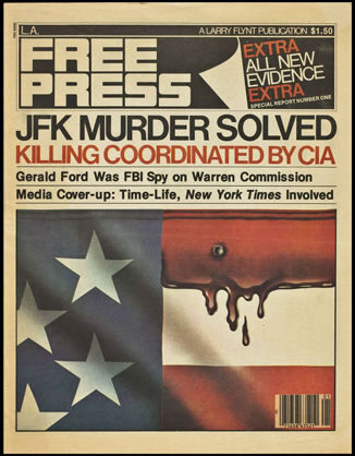Front cover of Free Press magazine featuring a headline about JFK's murder and an image of an American flag.