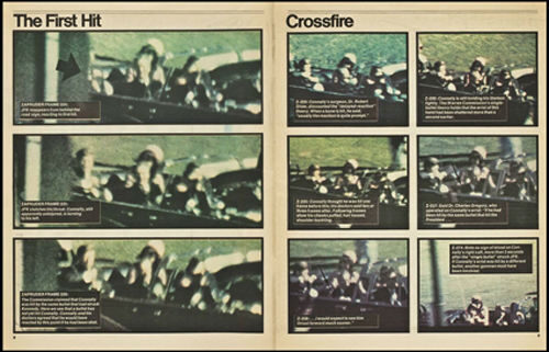 Two pages featuring blurry black and white photos of a car scene with captions about the events.