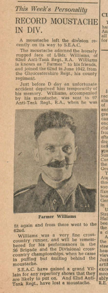 A newspaper clipping with an article about R.A. Williams and his record moustache