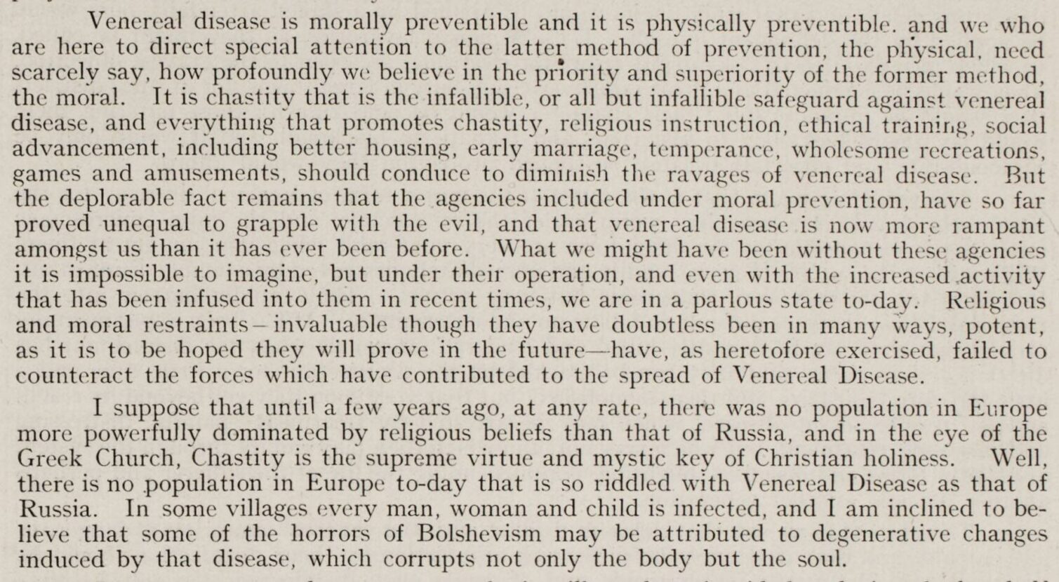 Text discussing the prevention of venereal disease through moral and religious measures.