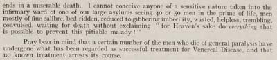 Text discussing the plight of men in asylums suffering from general paralysis and the lack of treatment.