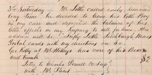 Historical ledger page dated Saturday with handwritten notes about Mr. Little and his little boy's belongings