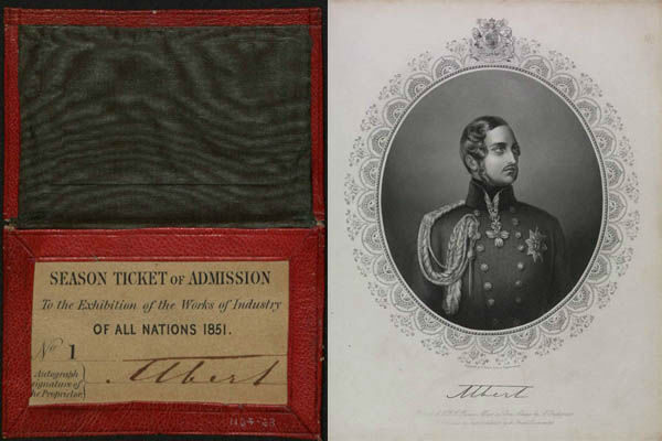 A red season ticket for the 1851 Great Exhibition, next to a portrait of a man in uniform.