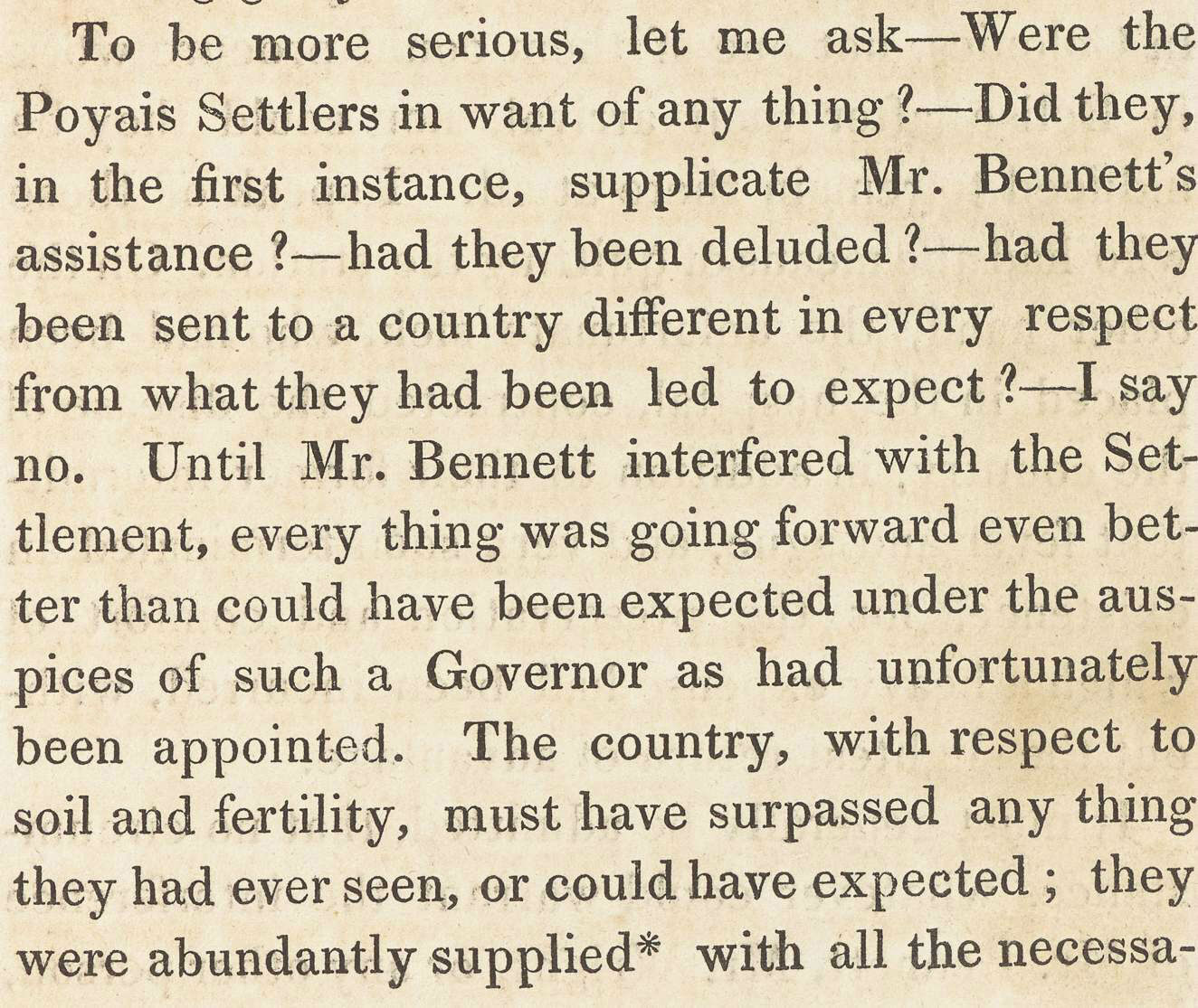 Text discussing the experiences of the Poyais Settlers and Mr. Bennett's role in their settlement.