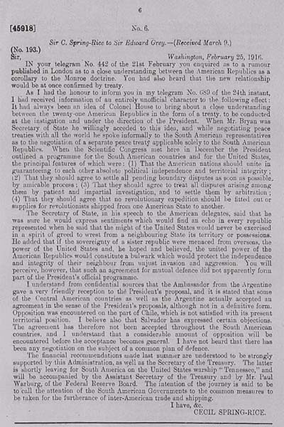 A historical letter dated February 25, 1916, discussing U.S. relations with South American countries.