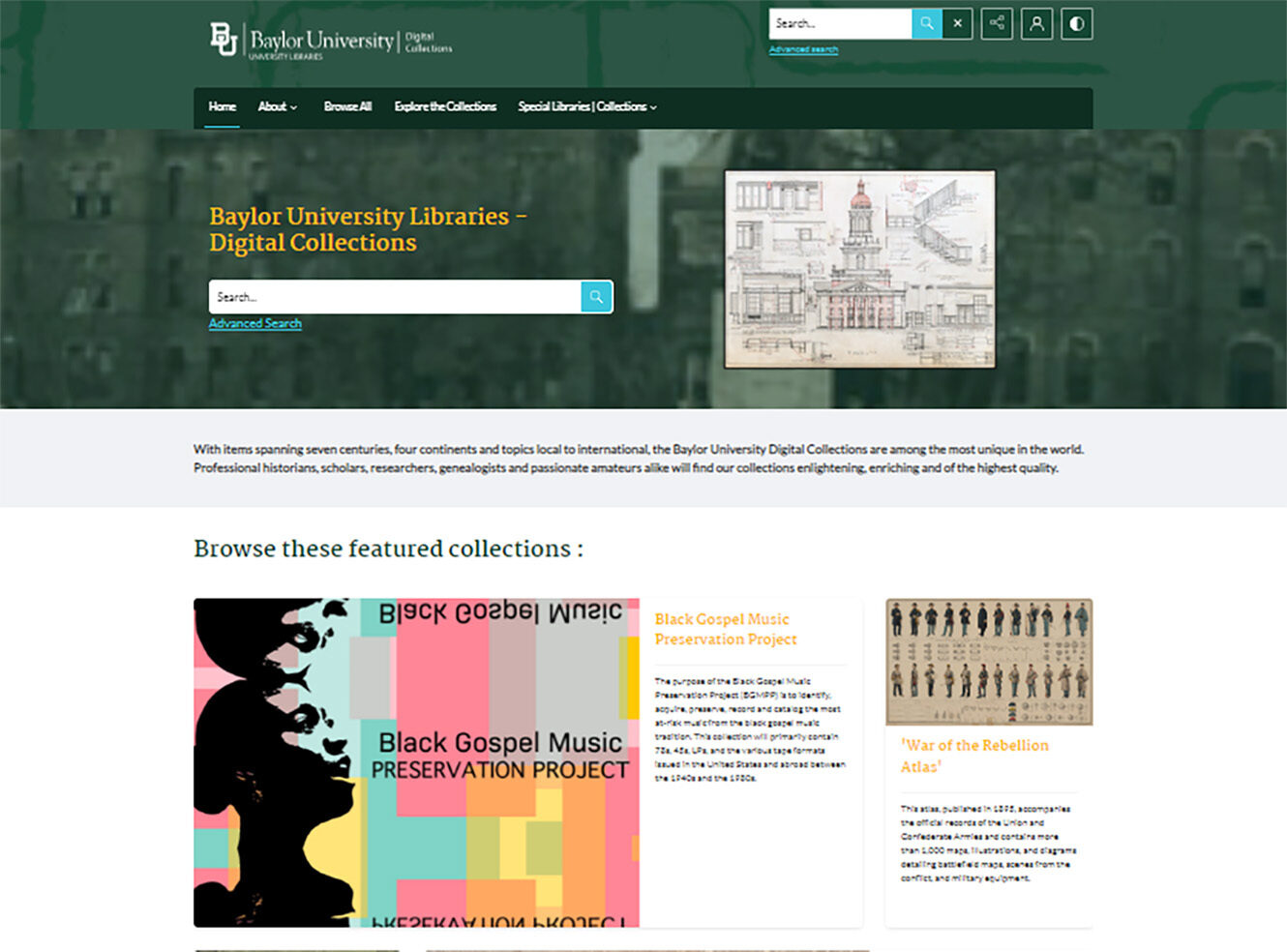 Baylor University Libraries digital collections homepage with search bar and featured collections.