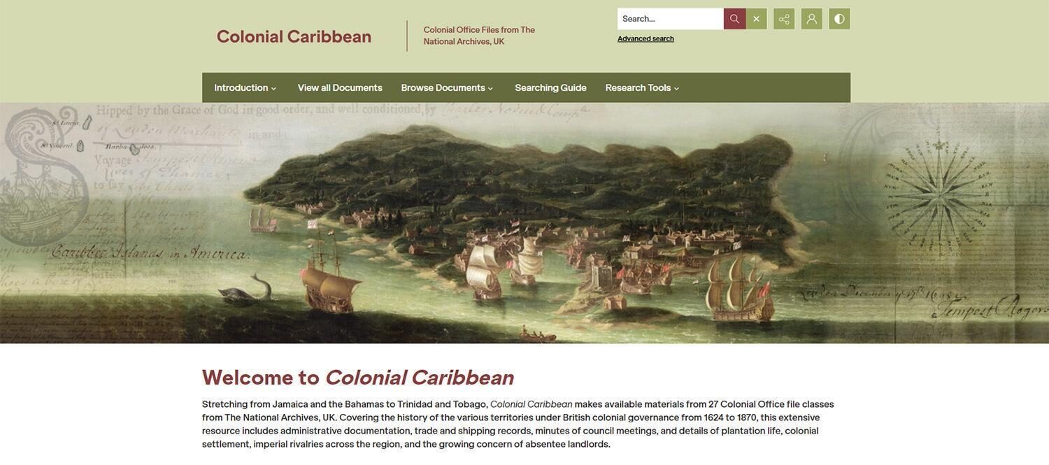 Website homepage for Colonial Caribbean with an old map and ships.