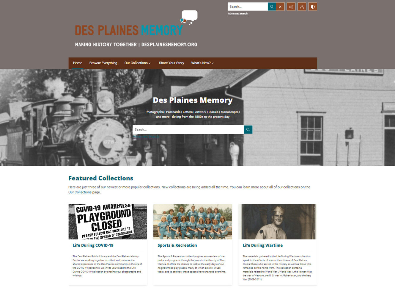 Website homepage for Des Plaines Memory, featuring collections and historical photos.