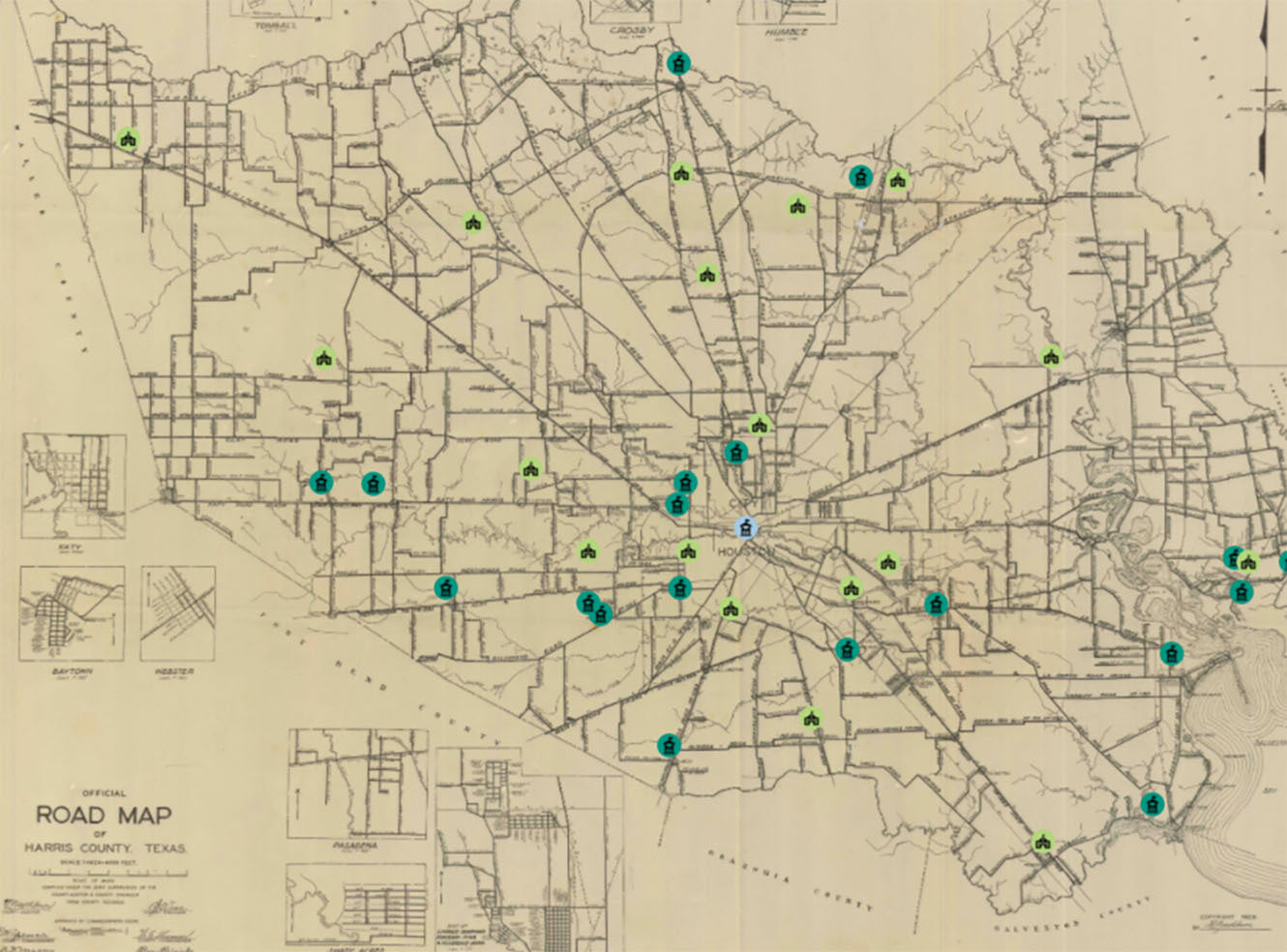 A vintage road map of Harris County, Texas, showing streets and locations.