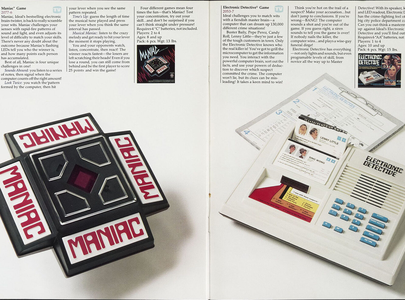 A Maniac game console on the left and a game guide with cards on the right