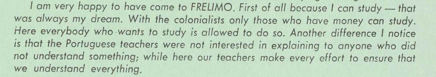 A quote expressing happiness for studying at FRELIMO, discussing differences in education accessibility.