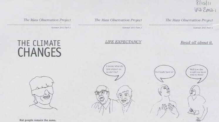 A black and white comic strip about climate change and life expectancy with humorous dialogue.