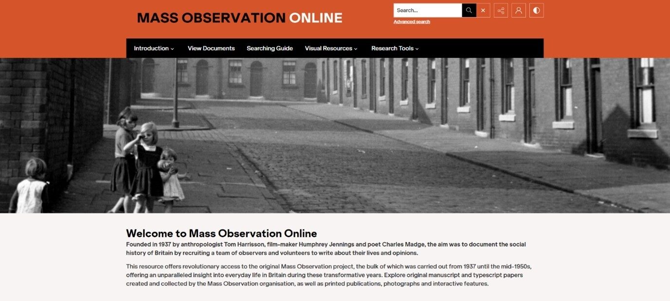 Website header for Mass Observation Online, features black and white photo of children on a street.