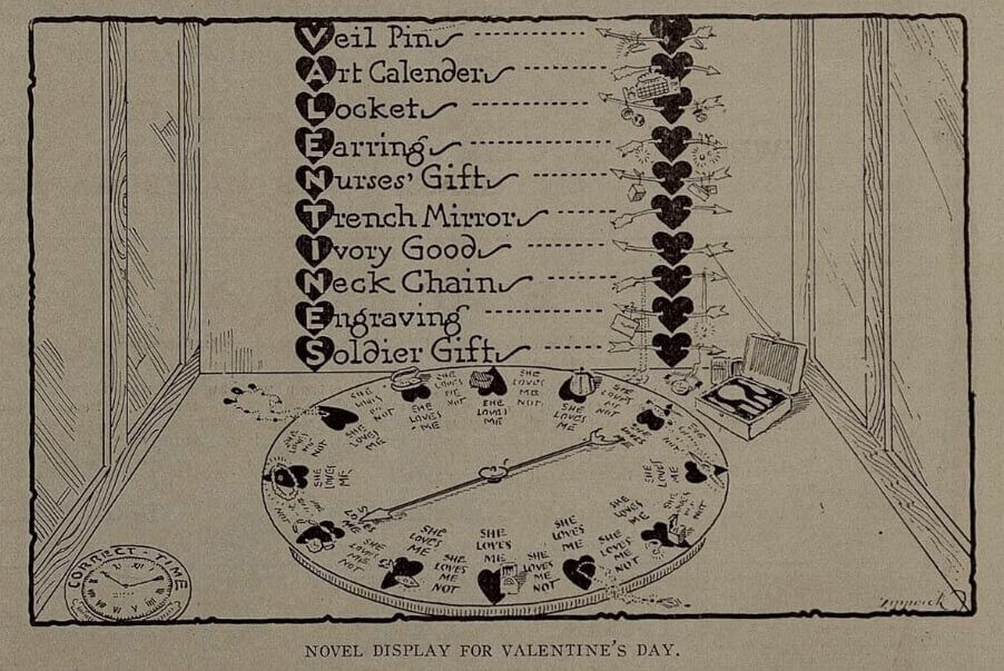 A vintage Valentine's Day display with a spinning wheel showing sayings about love, surrounded by gift options.