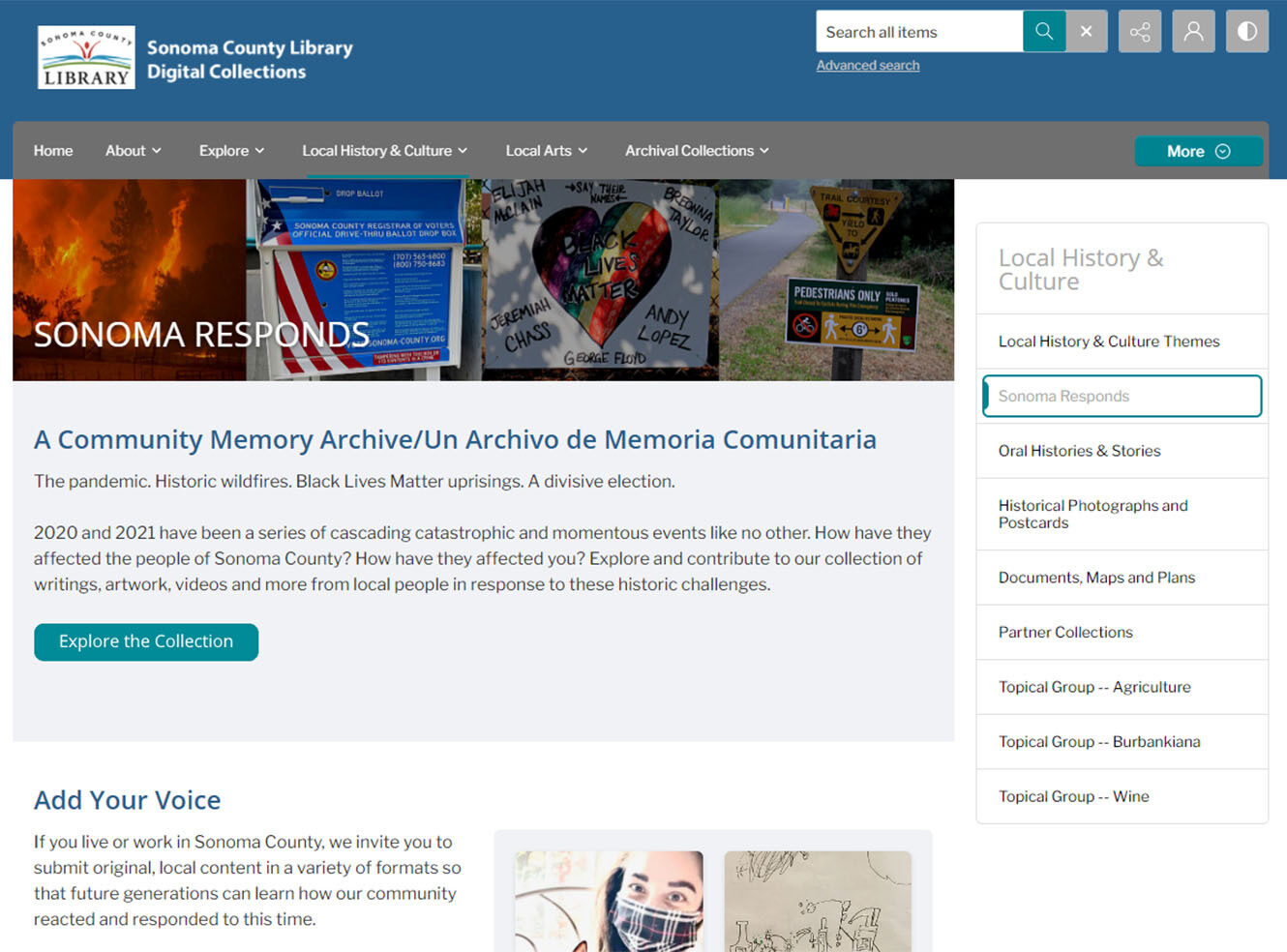 Sonoma County Library webpage featuring community collection titled "Sonoma Responds."