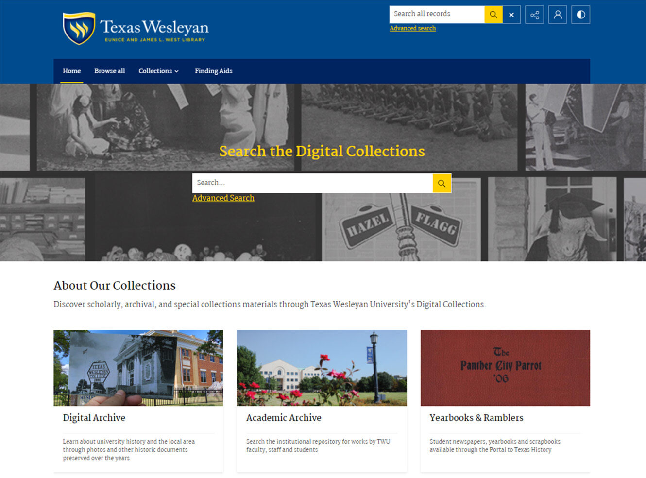 Texas Wesleyan University's digital collections homepage, featuring archives, photos and yearbooks.