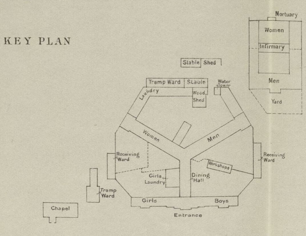 A labeled map showing the layout of a building with wards, a kitchen, and a chapel