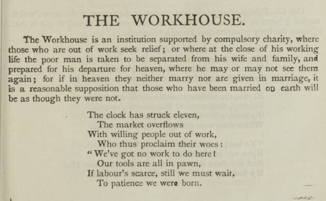 A page from a poem titled "The Workhouse," discussing charity, work, and hardships