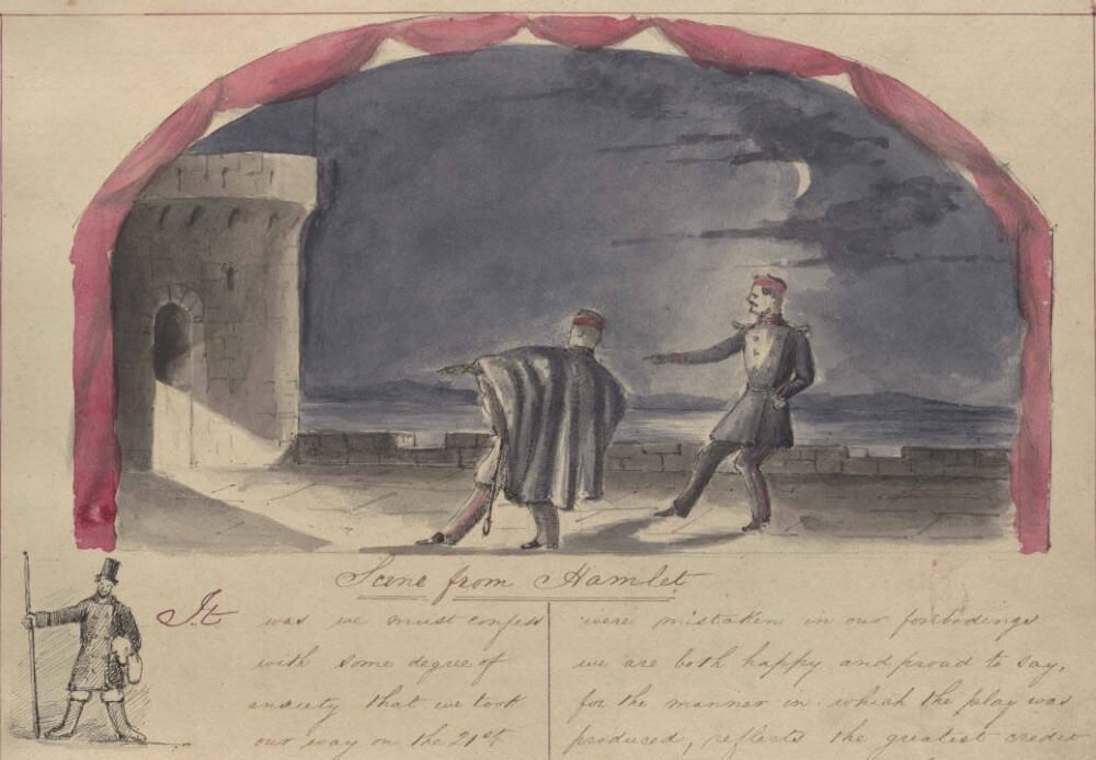 A scene from Hamlet, featuring two men on a stage with a castle backdrop and a cloudy sky.