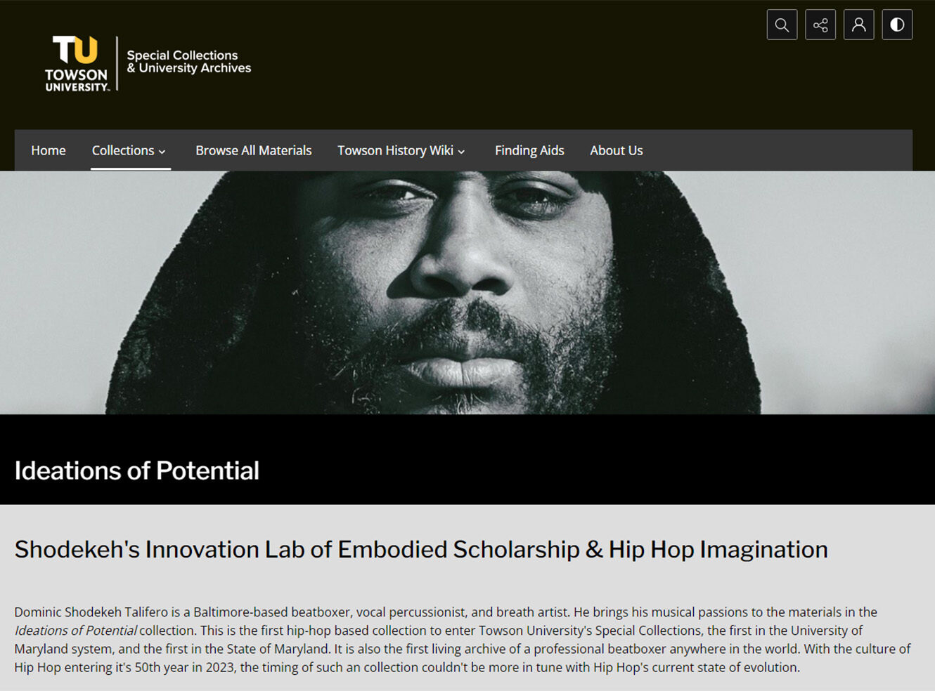 Landing page of Towson University's website, showing the 'Collections' page.