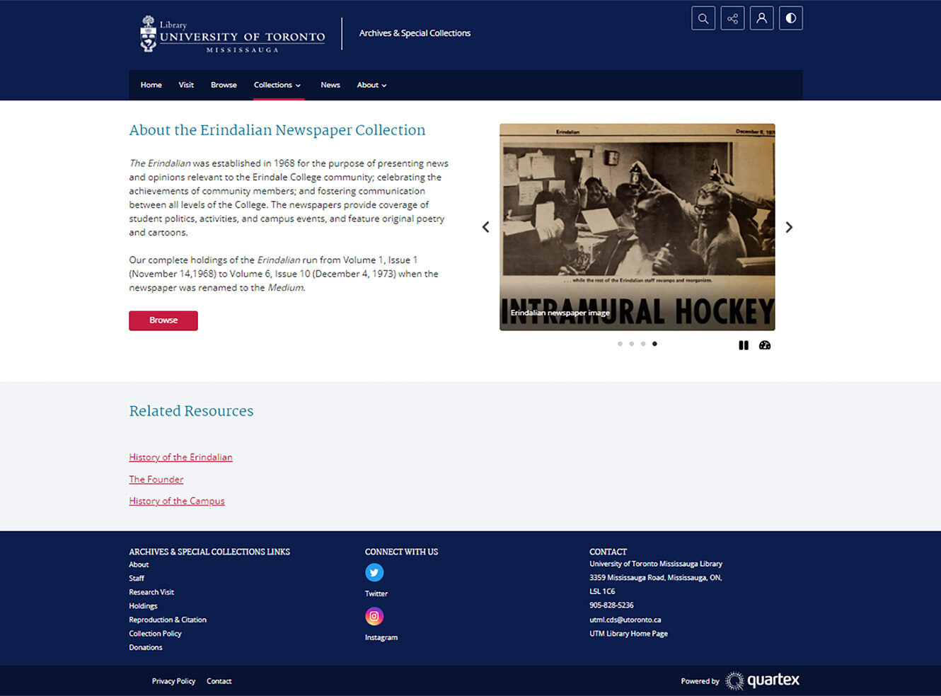 University of Toronto Mississauga library webpage about the Erindalian newspaper collection.