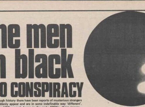 A newspaper headline about the Men in Black and UFO conspiracy, with blurred image.