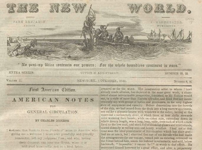 A historical newspaper titled 'The New World' featuring text and illustrations of explorers in boats.