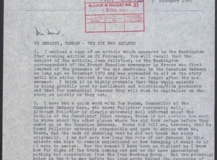 A typed letter from the U.S. Embassy discussing an article about six escapees.