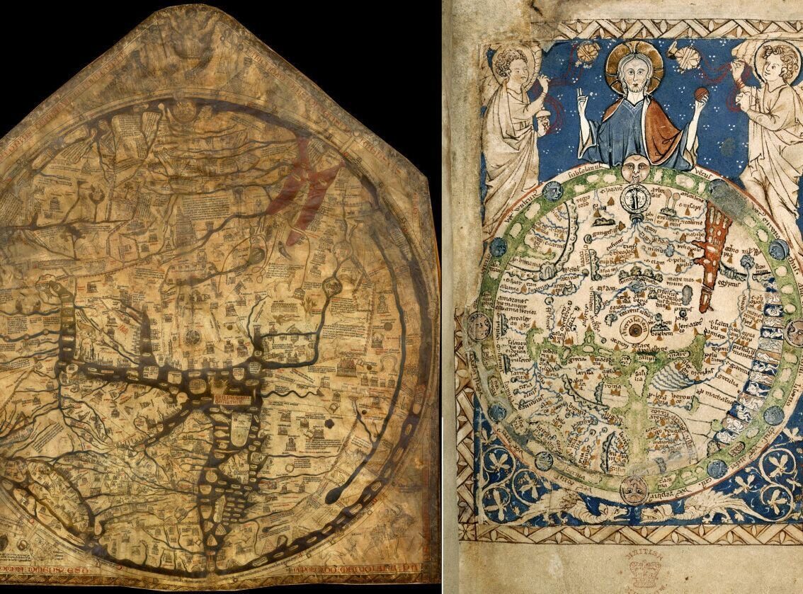 Two ancient maps side by side: a medieval world map and a circular map with illustrations of Christ and angels.