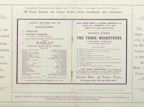 A vintage theatre program for Hamlet and The Three Musketeers featuring a schedule and performers
