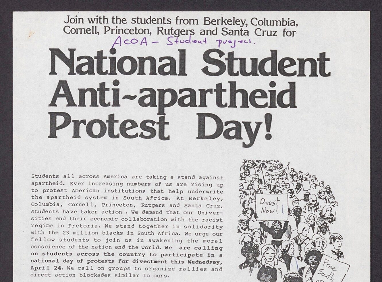 A flyer promoting National Student Anti-apartheid Protest Day with illustrations of students marching
