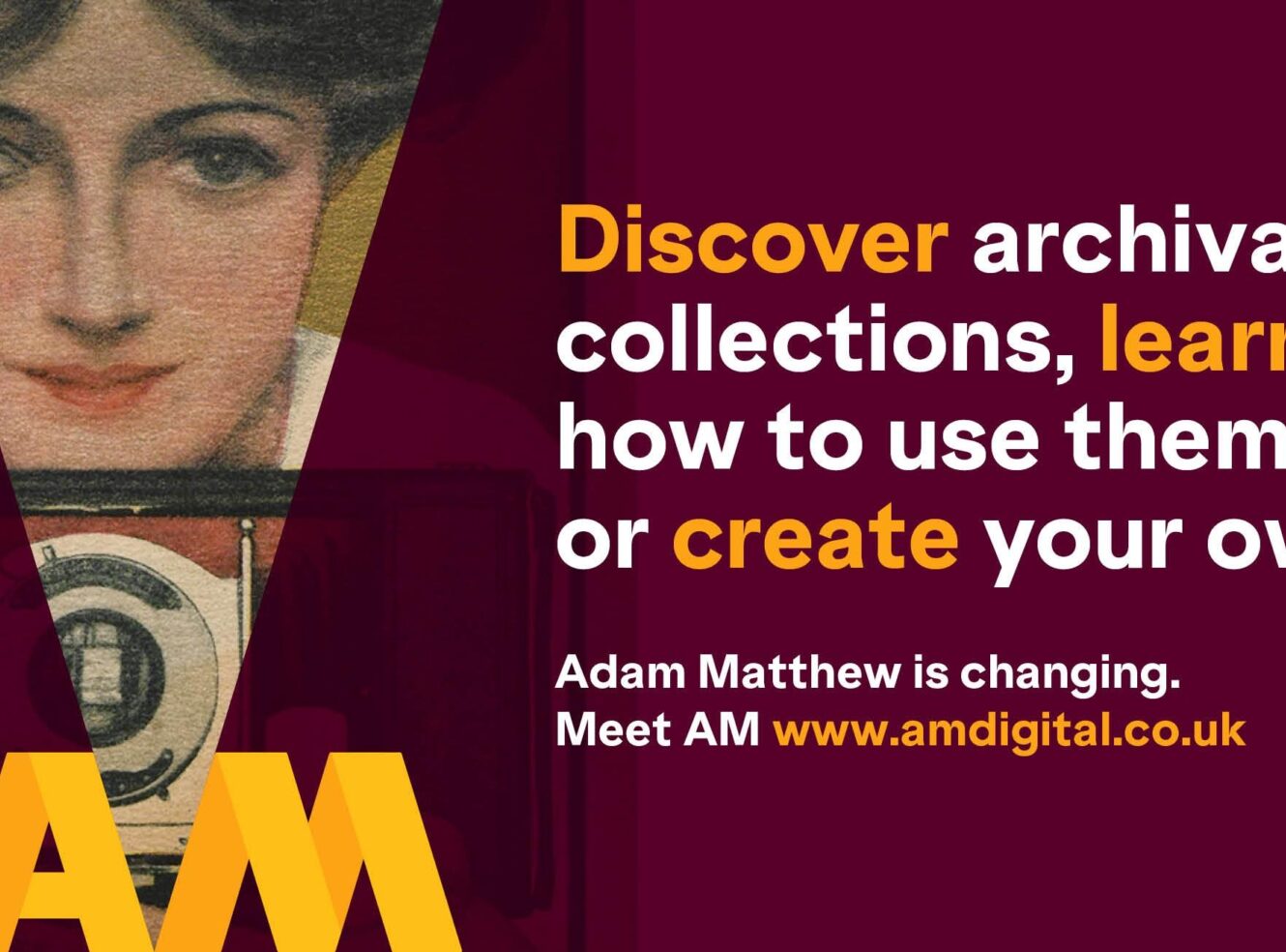 A vintage photograph of a woman with a camera. Promotional image of archival collections from AM.