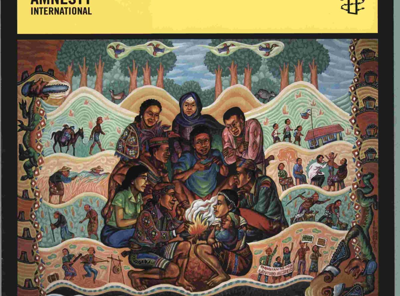 A colourful artwork depicting people gathered together, highlighting indigenous rights. Text in yellow above