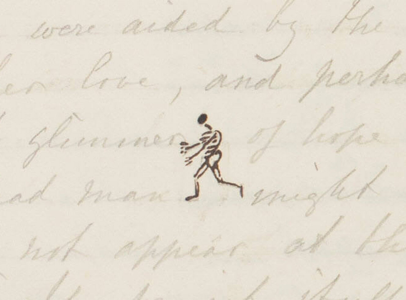 A small running skeleton illustration on a vintage handwritten letter