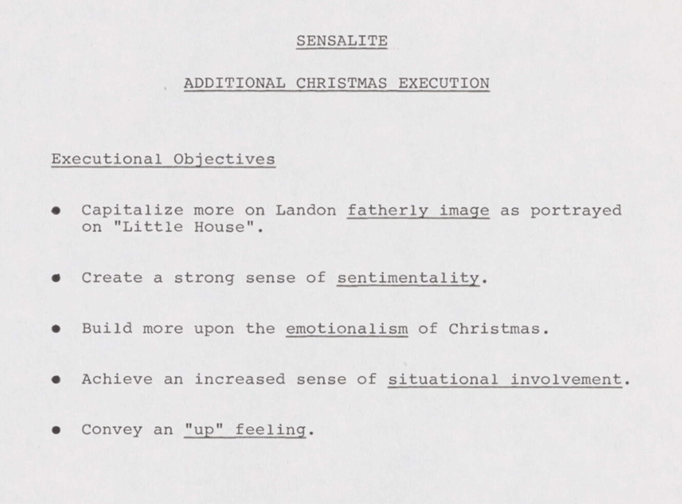 A typed document outlining Christmas execution objectives with bullet points
