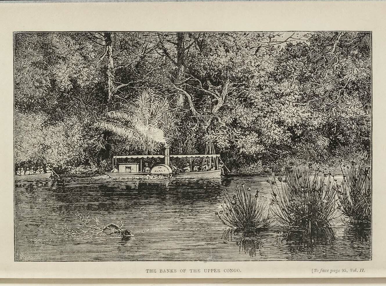 A boat on the river near lush green trees, with plants in the water. Titled "the Banks of the Upper Congo".