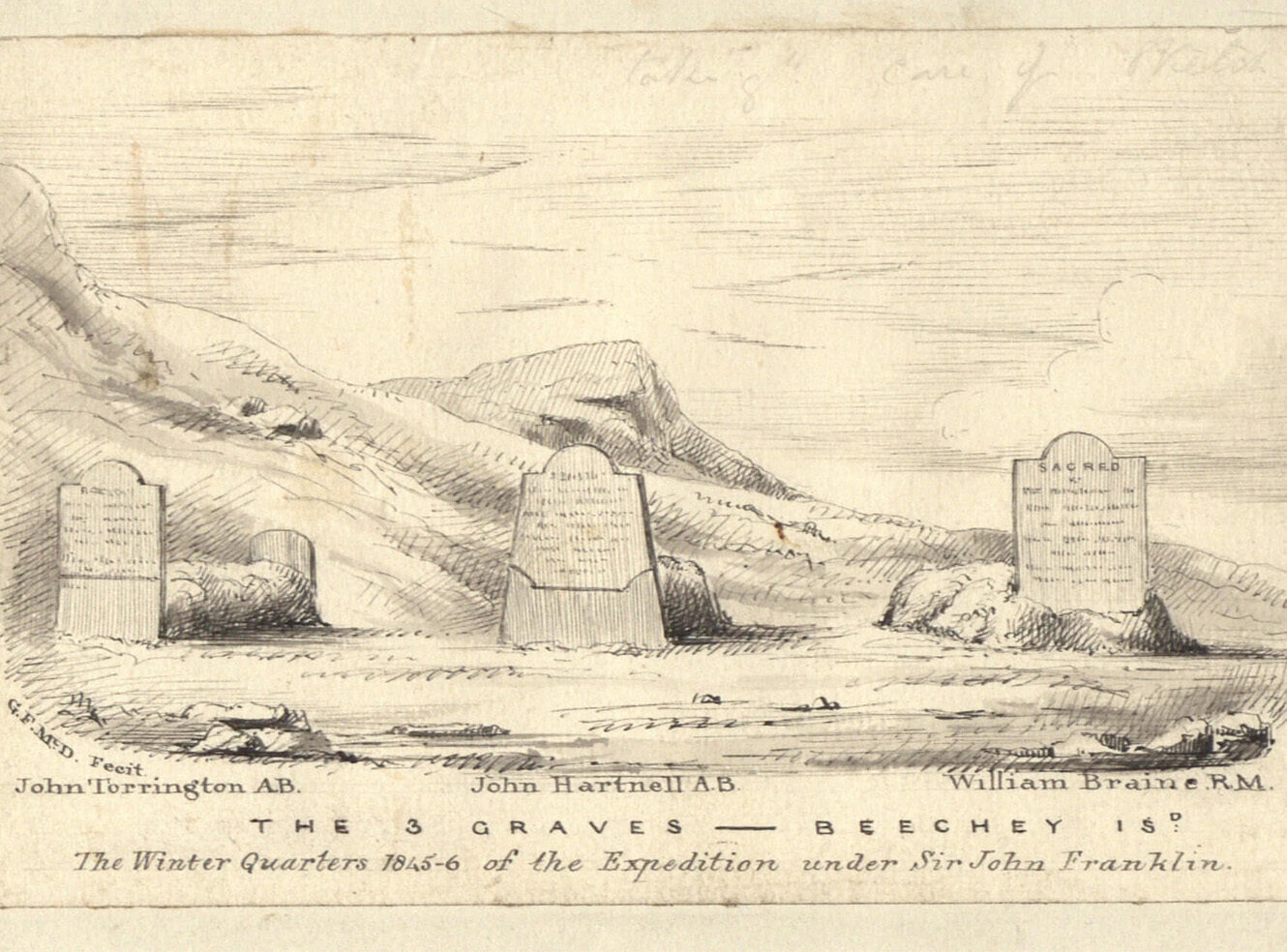 A historical sketch showing three grave markers near a river and mountains in the background