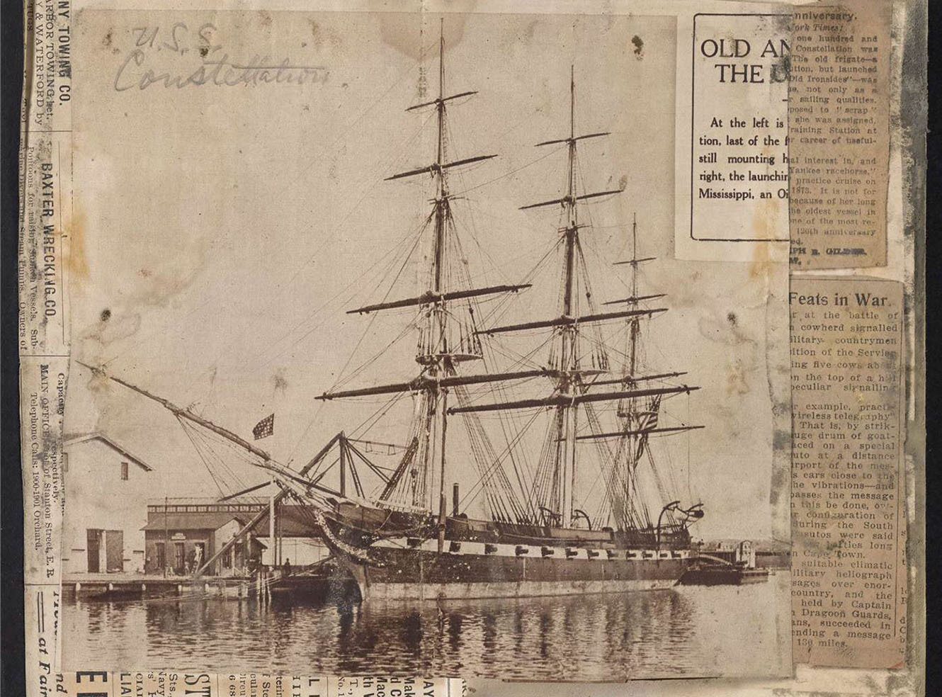 A watercolour painting of a ship near a coastal mountain landscape.