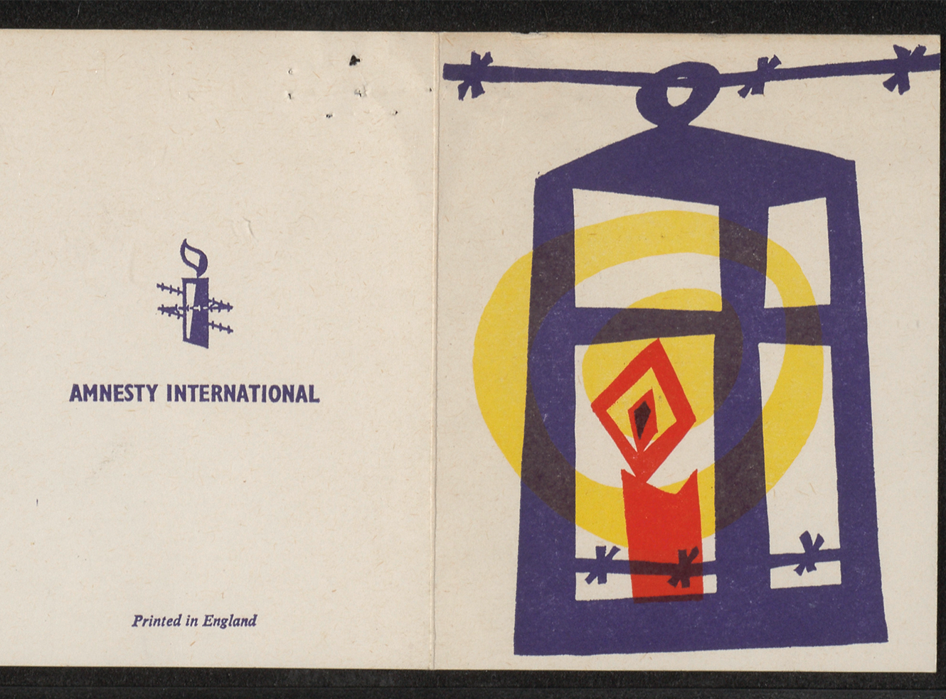 Amnesty International booklet cover. Featuring a barred window graphic with a red flame, yellow oval, and barbed wire