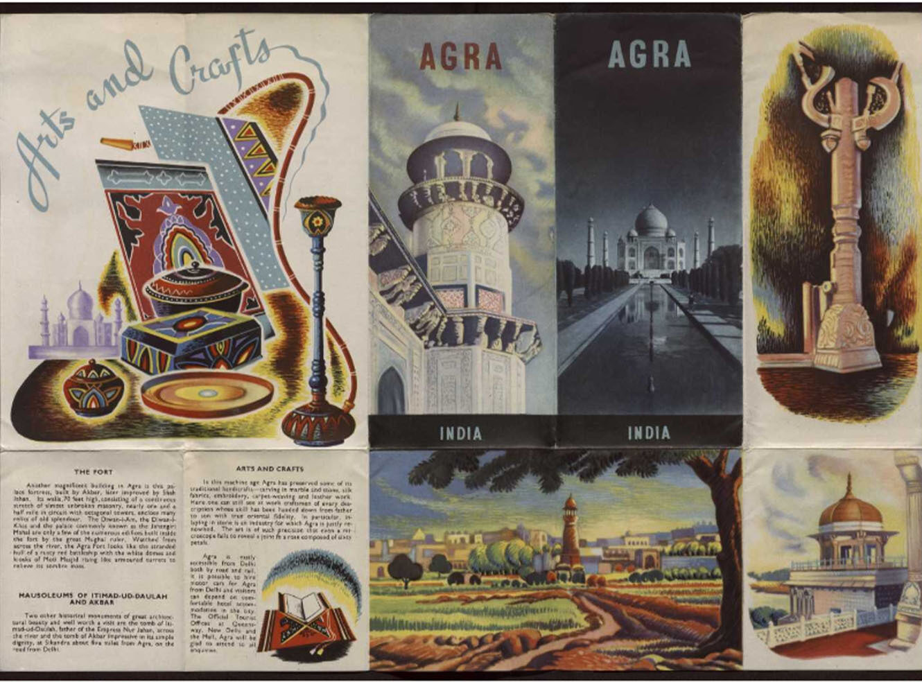 Vintage travel poster showcasing Agra, India, with illustrations of the Taj Mahal, landmarks, and crafts