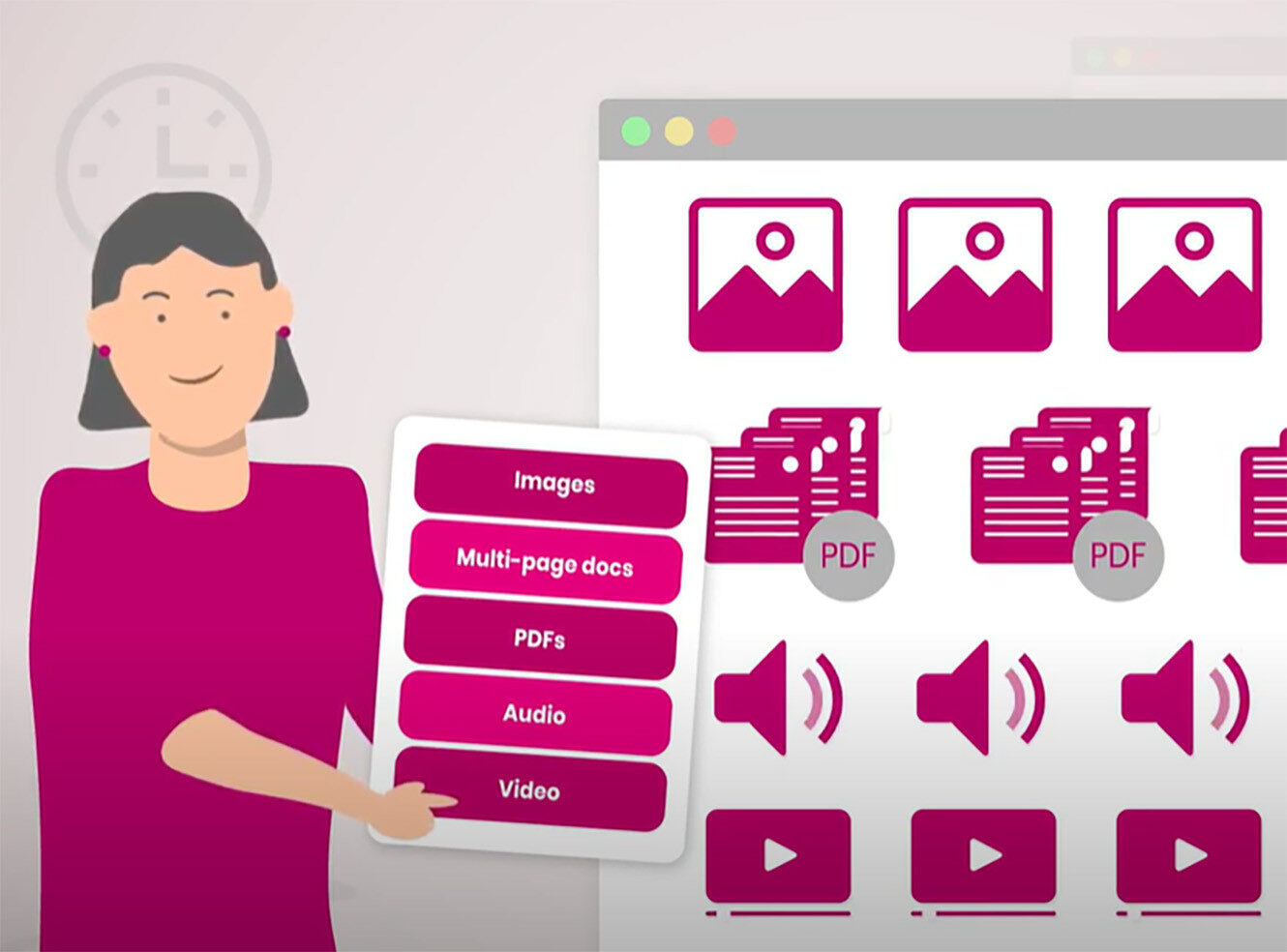 A cartoon image of a woman holding a list of file types. Icons for each type are displayed.