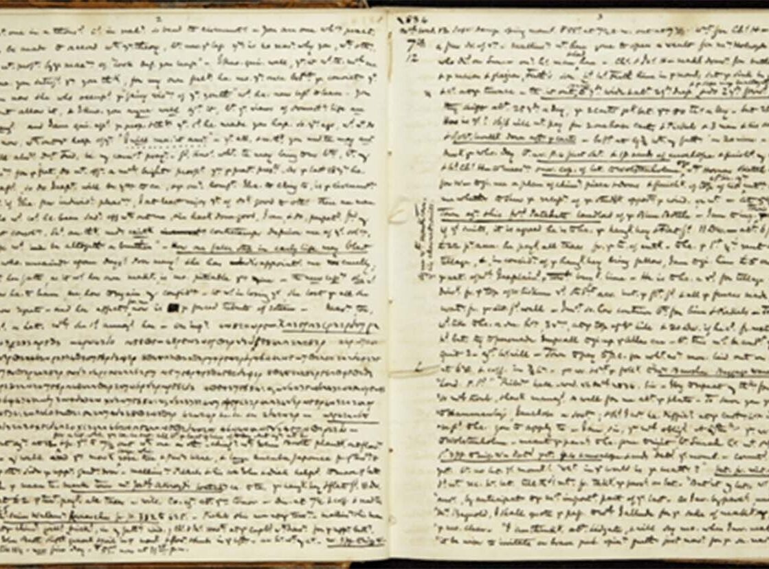 Two open pages of handwritten text featuring dense writing and various annotations