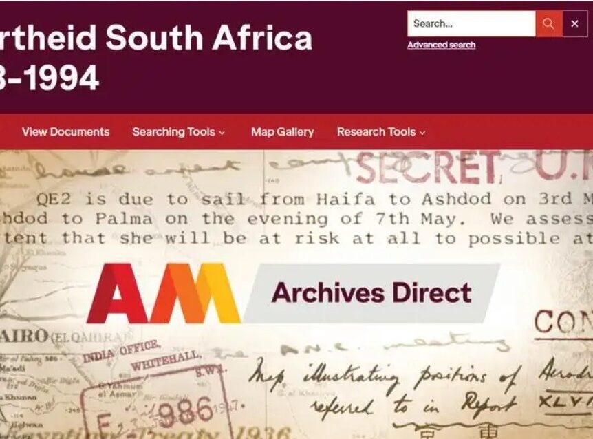 Website banner for Apartheid South Africa 1948-1994, featuring maps and archival documents.