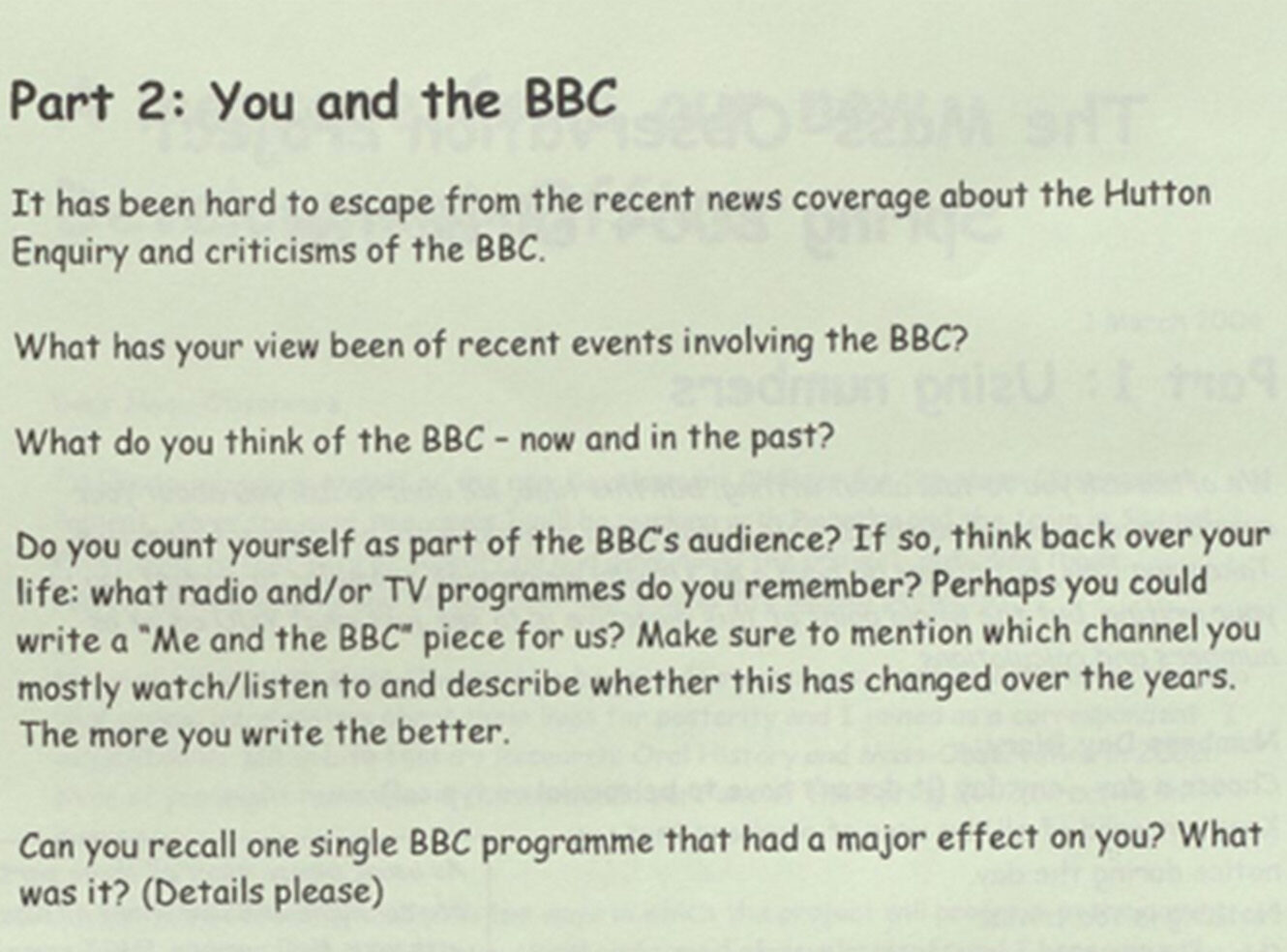 A document for Mass Observation, featuring questions on public opinions on the BBC.