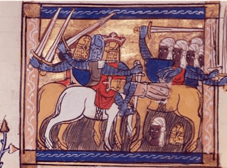 A medieval battle scene with knights on horses, swords raised, and warriors in colourful attire.