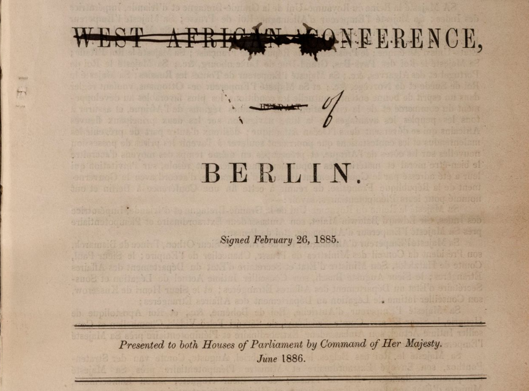 Document titled 'General Act of the Conference of Berlin' dated April 25, 1885, with a stamped mark