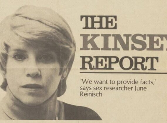 Black and white article header for 'The Kinsey Report' with a woman’s portrait and quote about providing facts.