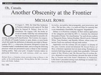 An article titled 'Another Obscenity at the Frontier' by Michael Rowe, discussing the 1986 Gay Day incident