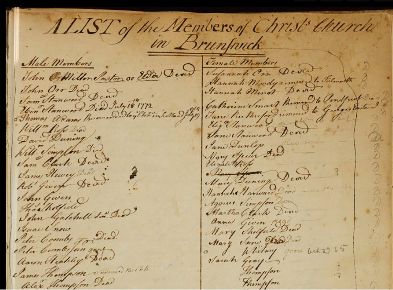 A handwritten membership list for a church in Brunpuck, detailing names and dates