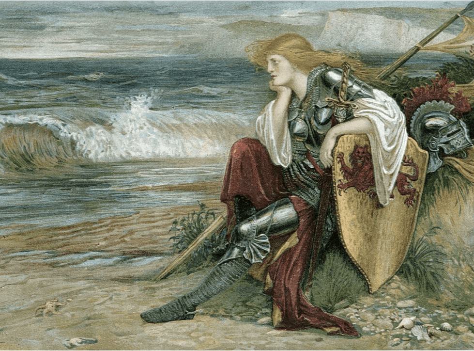A armoured knight sitting on the beach near the ocean, looking thoughtful with a shield and spear beside them